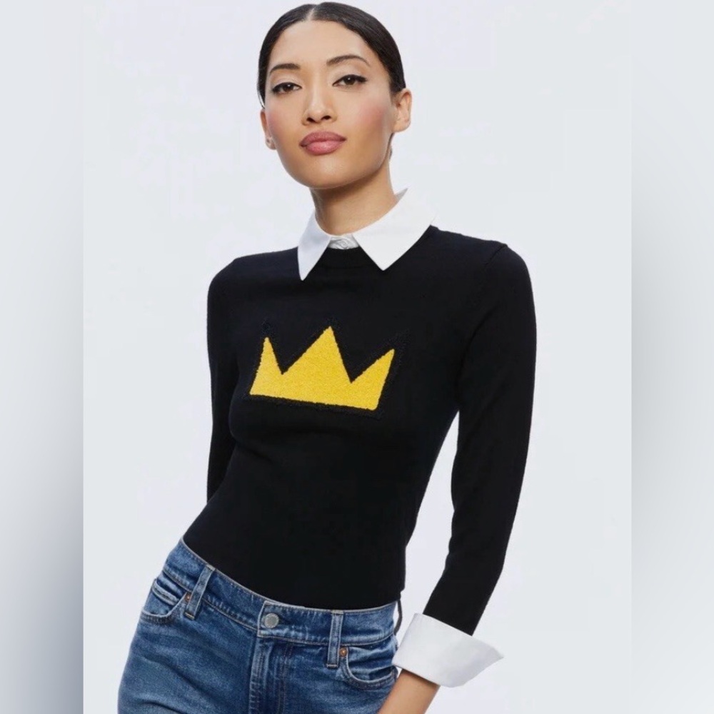 Alice+Olivia Black Sweater with Yellow Crown Design